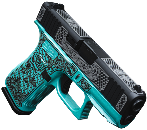 Glock G43X 9mm 10rd, 3.41" Black GMB Barrel Black White Scroll Cerakote Serrated Steel Slide, Tiffany Blue Lace Rose Cerakote Polymer & Grip
