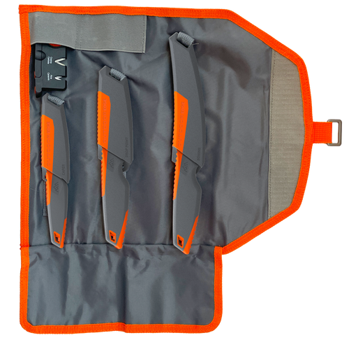 Outdoor Edge Vantex, 4-Piece Roll Pack Kit, Fixed Blade Knives, Gray & Orange Rubber Overmolded Handles, Includes (1) Drop Point, (1) Boning, (1) Caping, (1) Sharpener