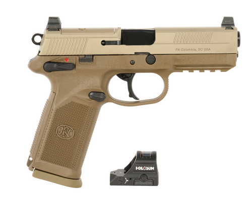 FN FNX Optic 45 ACP, 5.3" Barrel, Flat Dark Earth, Optic Ready, Serrated, Picatinny, Holosun 407C Red Dot, 5x10rd