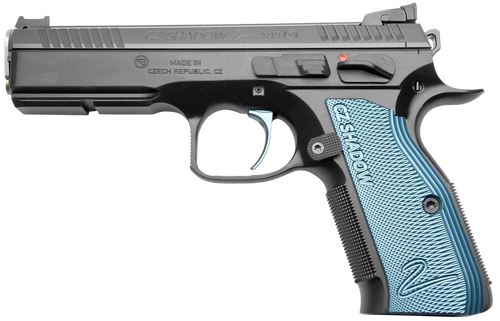 CZ Custom Shadow 2 ACCU, 2023X Single Action 9mm, 4.89" Barrel, ACCU Bushing, Black, Adj Rear, Fiber Optic Front, Blue Grips, 2x17rd