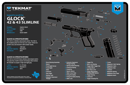 TekMat Glock 42/43 Cleaning Mat Black/Blue/White Rubber 11" x 17"