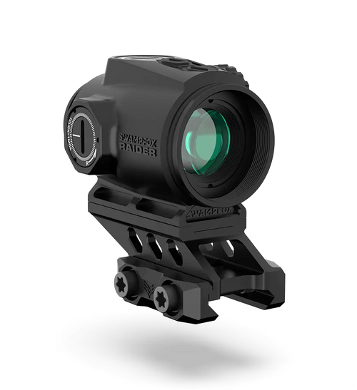 Swampfox Optics Raider Micro Prism Black 1x 20mm Tube Bullet Rise Compensation Reticle Green Laser