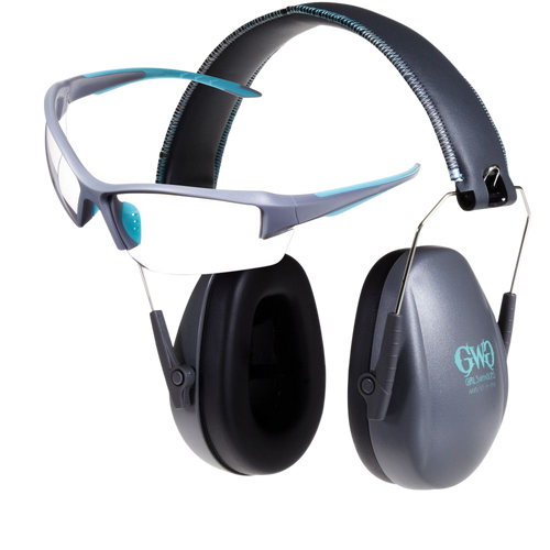 Allen Girls With Guns Assure Protective Safety Glasses & Muff Combo 100% UV Rated Anti-Scratch, Wraparound Clear Lens with Gray Frame, 23 dB Gray Ear Cups with Black Headband & Teal Accent Muff