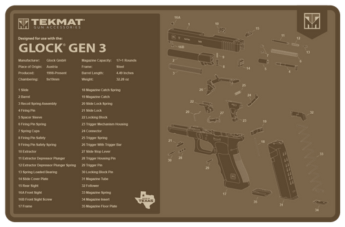 TekMat Glock Gen 3 Cleaning Mat Flat Dark Earth Rubber 11"x17" Glock Gen 3 Parts Diagram Illustration