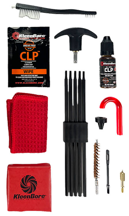 KleenBore Rifle Classic Cleaning Kit includes Rigid Black Steel Rod with 30" OAL, Rod Extension, Nylon Double Ended Brush, Phosphor Bronze Brush, Cloth & Cleaning Patches for 35 & 9mm Carbine
