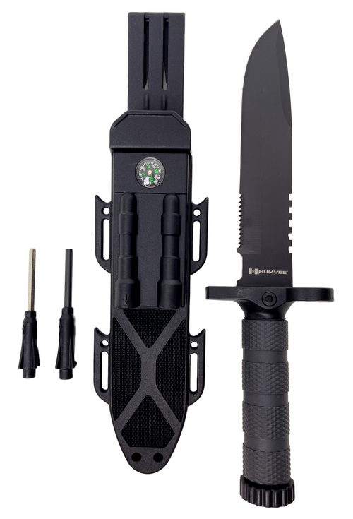 Humvee Adventure Gear HMV-KFXB-01 Humvee Survival Knife 7.50" Fixed Sawback Plain Black Stainless Steel Blade/ Black Textured Rubber Handle Includes Sheath