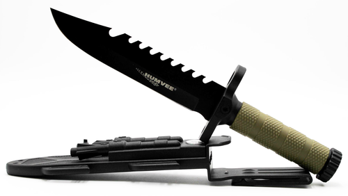 Humvee Adventure Gear HMV-KFXB-02 Humvee Survival Knife 7.50" Fixed Sawback Plain Black Stainless Steel Blade Olive Drab Green Textured Rubber Handle Includes Sheath
