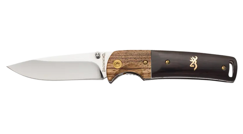 Browning Buckmark Hunter EDC 3" Folding Drop Point, Plain Mirror Polished 8Cr14MoV SS Blade, Black/Natural Finger Grooved Brass Accents Hardwood Handle, Includes Pocket Clip