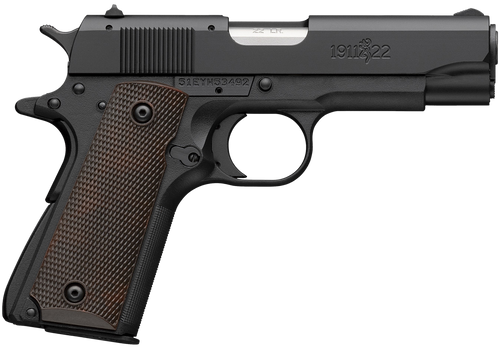 Browning 1911-22 A1 Compact Frame 22 LR 10rd,3.63" Stainless Steel Barrel, Matte Black Serrated Slide, Matte Black Aluminum Frame, Brown Composite Grip