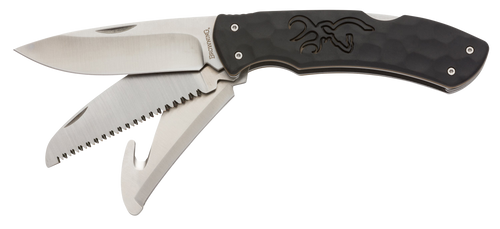 Browning Primal Kodiak Slim 3.75" Folding Drop Point/Gut Hook/Saw Gut Hook/SaPlain 8Cr13MoV SS Blade/Black Polymer Rubber Overmold Handle Includes Nylon Belt Pouch