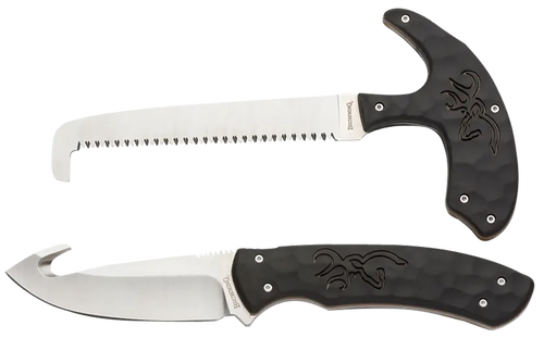 Browning Primal Combo 3.75"/5.25" Fixed Drop Point Gut Hook/Skinner, Saw 8Cr13MoV SS Blade, Black Polymer Rubber Overmold & Finger Grooves Handle, 2 Piece Set, Includes Sheath