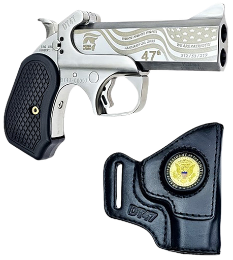 [855959007651] Bond Arms DT47 Satin Package, 45LC/410 GA, 3" Chamber, 4.25" Barrel, Guard, Satin Silver, Ext Grips, Fixed Sights, 2rd, Holster