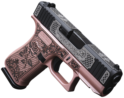 [810188100474] Glock G43X D.O.G.E. 9mm 10rd,3.41" Black GMB Barrel Black White Scroll Cerakote, Serrated Steel Slide Rose Gold Lace Rose Cerakote Polymer & Grip