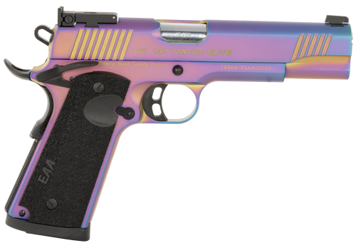 [741566907791] Girsan MC1911 Full Size Frame 45 ACP 8rd,5" Stainless Bull Barrel, Multi Color PVD Coating Serrated Steel Slide, Multi Color PVD Coating Steel Frame Beavertail, Black Textured Grip