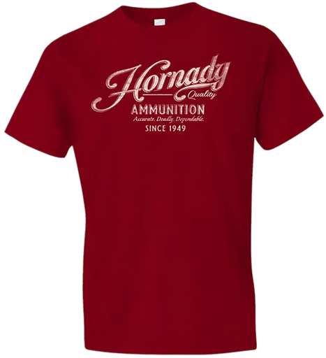[784802318753] Hornady Gear Vintage Script Red Cotton Semi-Fitted 2XL