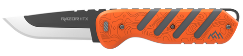 [743404212586] Outdoor Edge Razor HTX, Fixed Blade Knife, Plain Edge, 3" Blade Length, Includes (3) Drop Point Blades, (2) Caping Blades, (1) Gutting Blade, (1) Saw Blade Pod, Matte Finish, Orange & Gray Rubberized Aluminum Handle