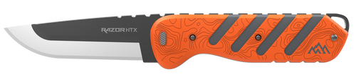 [743404212500] Outdoor Edge Razor HTX, Fixed Blade Knife, Plain Edge, 3.5" Blade Length, Includes (3) Drop Point Blades, (2) Black Bone Blades, (1) Gutting Blade, (1) Saw Blade Pod, Matte Finish, Orange & Gray Rubberized Aluminum Handle