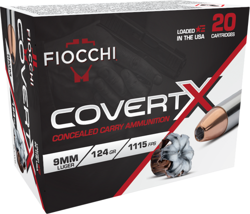 [762344713809] Fiocchi Ammunition COVERT X, 9mm, 124gr, Jacketed Hollow Point, 20rd Box