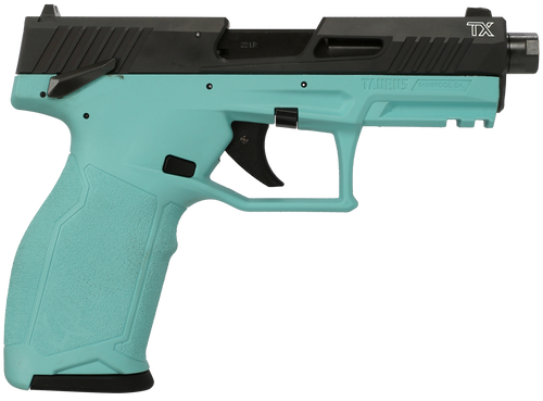 [725327943327] Taurus 2TX-22 22 LR, 4.6" Threaded Barrel, Black Anodized Serrated Slide, Cyan Frame, Picatinny Rail, Textured Grip, 16rd