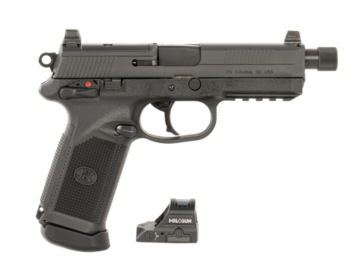 [845737019174] FN FNX Optic 45 ACP, 5.3" Threaded Barrel, Optic Ready, Serrated, Picatinny, Holosun 407C Red Dot, 15rd