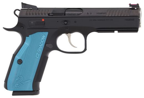 [860009867055] CZ Custom Shadow 2 ACCU, 2023X DA-SA 9mm, 4.89" Barrel, ACCU Bushing, Black, Blue Grips, Adj Rear, Fiber Optic Front, 2x17rd