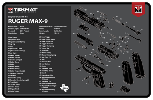 [888151040775] TekMat Ruger Max 9 Cleaning Mat Black/White Rubber 11" x 17"