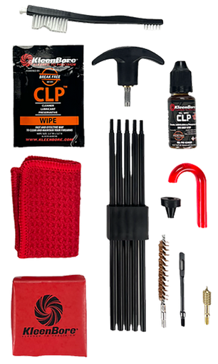 [026249002742] KleenBore Rifle Classic Cleaning Kit includes Rigid Black Steel Rod with 30" OAL, Rod Extension, Nylon Double Ended Brush, Phosphor Bronze Brush, Cloth & Cleaning Patches for 35 & 9mm Carbine