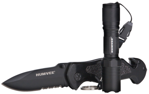 [024718900193] Humvee Adventure Gear Rescue Knife/Flashlight Combo 3.25" Folding Spear Point Part Serrated Stainless Steel Blade Black Aluminum Handle Features Glass Breaker/Pocket Clip/Seatbelt Cutter