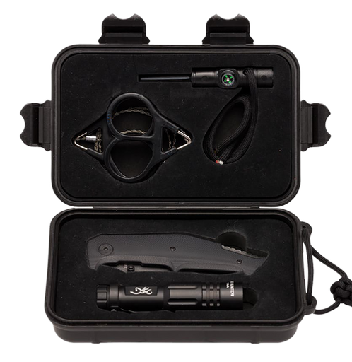 [023614490814] Browning Outdoorsman Survival Kit 3.50" Folding Drop Point Plain Black Stonewashed 8Cr13MoV SS Blade/Black G10 Handle Includes Storage Case/Flashlight/Wire SaFire Flint/Compass/Whistle