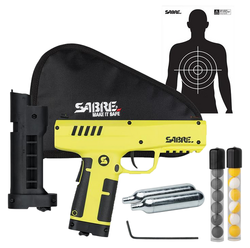 [023063916873] Sabre Compact Pepper Launcher Kit, Matte Finish, Yellow, Includes 7 Impact Projectiles, 7 Inert Pracice Projectiles, Practice Target, (2) 12g CO2 Cartridges, Padded Carry Case, California Compliant